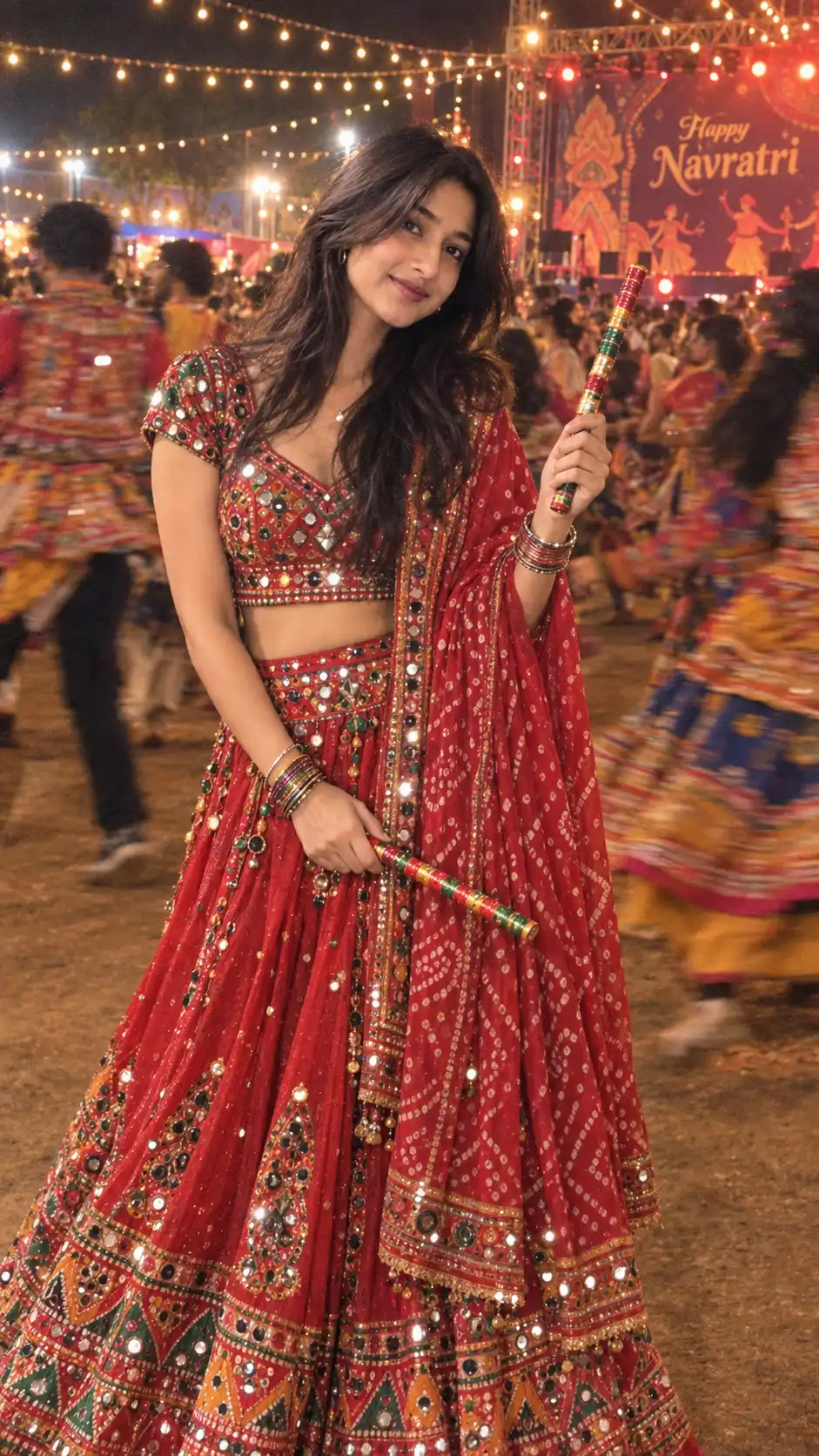 Example result for Navratri Red Lehenga AI Photo Prompt for Garba Night AI image prompt