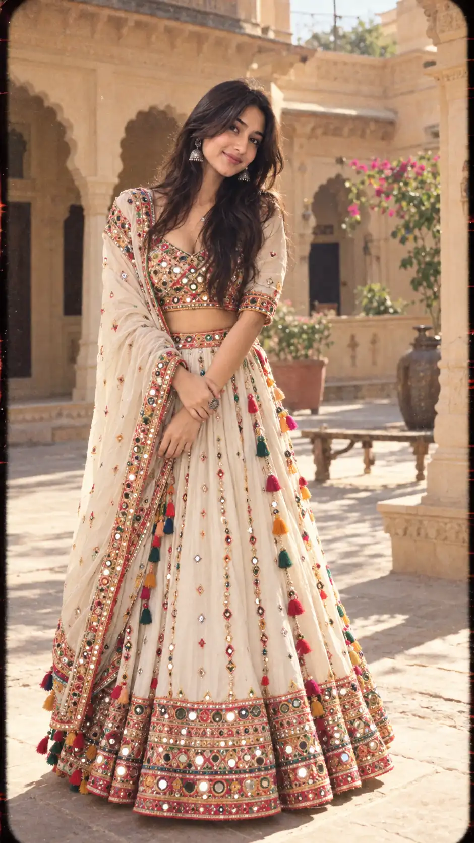 Example result for White Navratri Chaniya Choli AI Photo Prompt – Mirror Work Day Look AI image prompt
