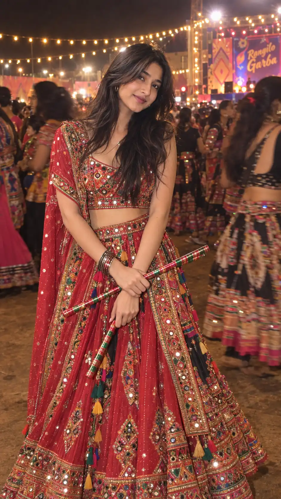 Example result for Real Navratri Girl AI Photo Prompt – Red Lehenga Night Flash AI image prompt