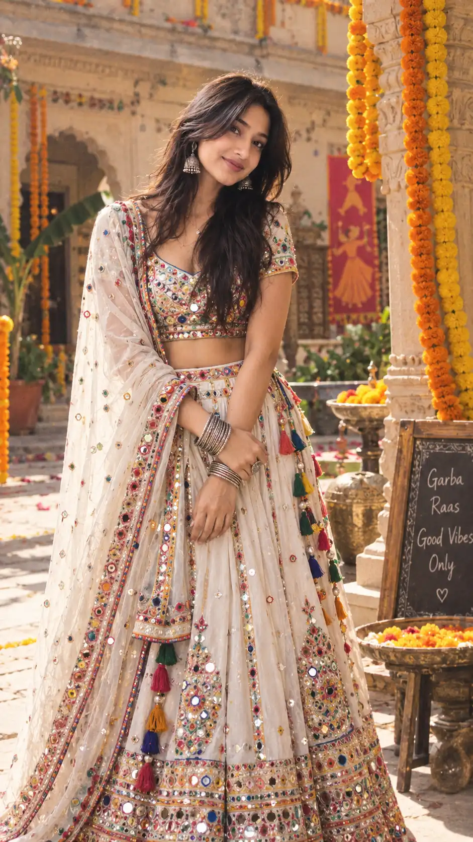 Example result for Real Navratri White Lehenga Girl AI Prompt – Day Garba Look AI image prompt