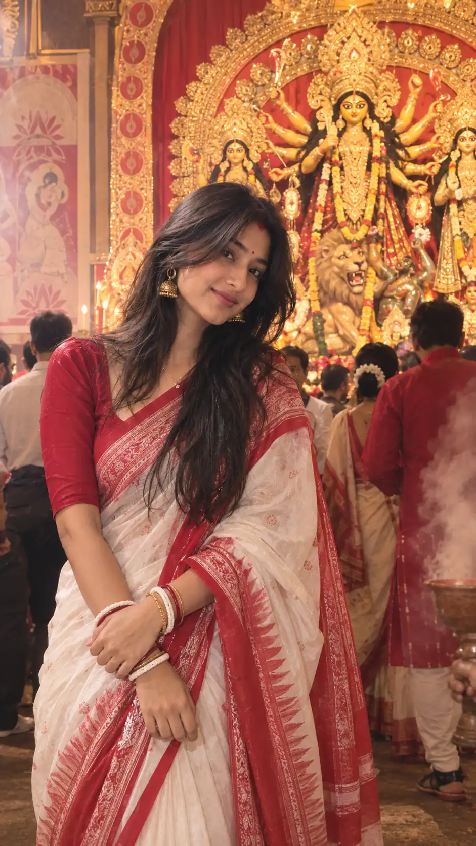 Example result for Navratri Durga Puja Red White Saree AI Photo Prompt – Bengali Look AI image prompt