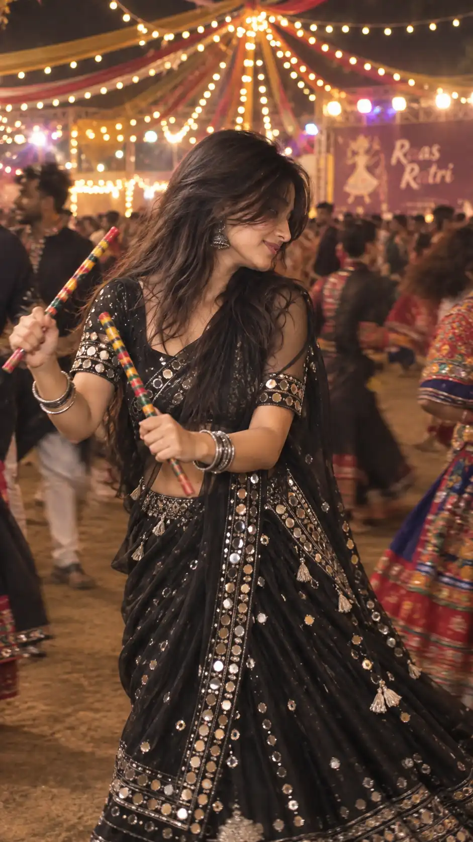 Example result for Black Dress Dandiya AI Photo Prompt – Half-Face Aesthetic Girl AI image prompt