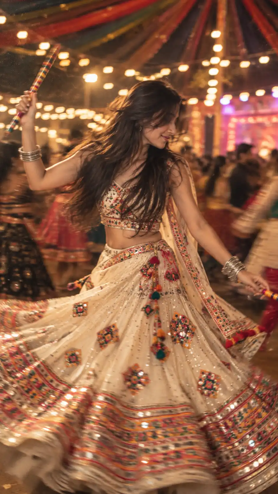 Example result for Aesthetic Dandiya Twirl AI Prompt – Lehenga Motion Blur Girl AI image prompt