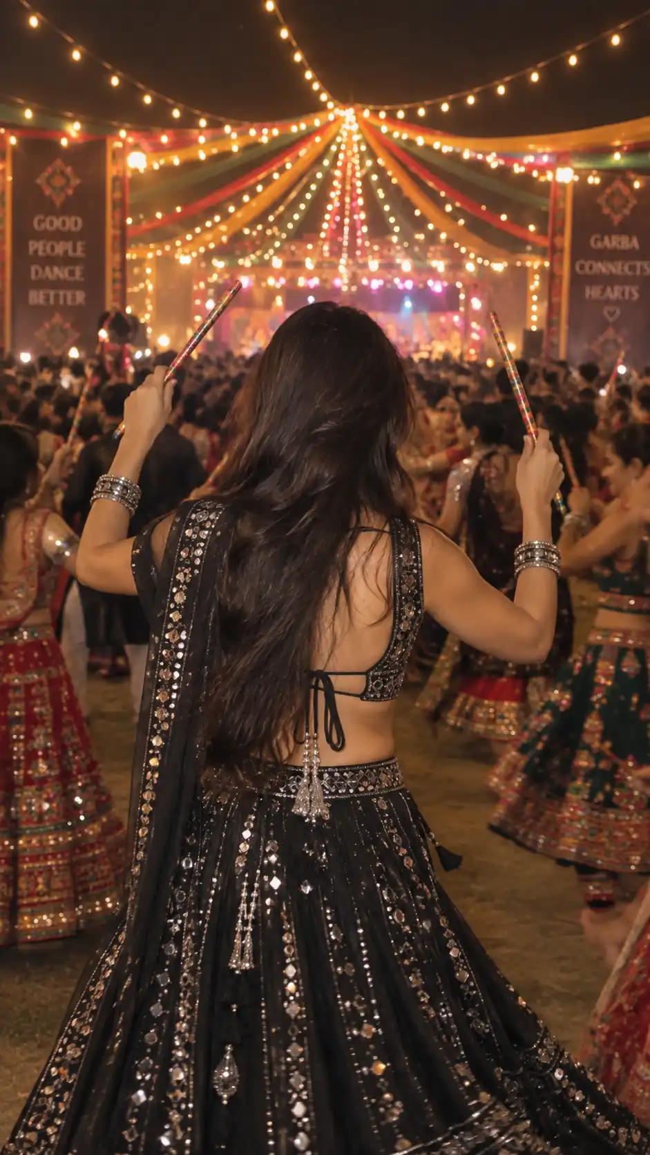 Example result for Aesthetic Dandiya Back-Side AI Prompt – Girl Facing Garba Crowd AI image prompt