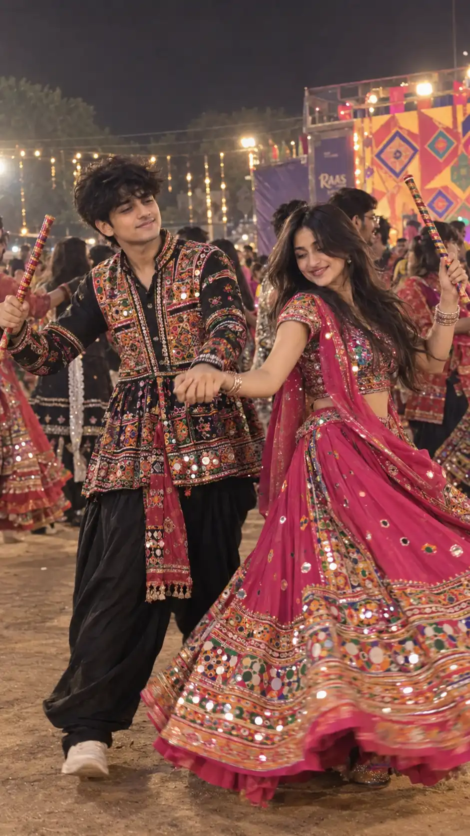 Example result for Viral Dandiya Couple Twirl AI Prompt – Natural Action Photography AI image prompt