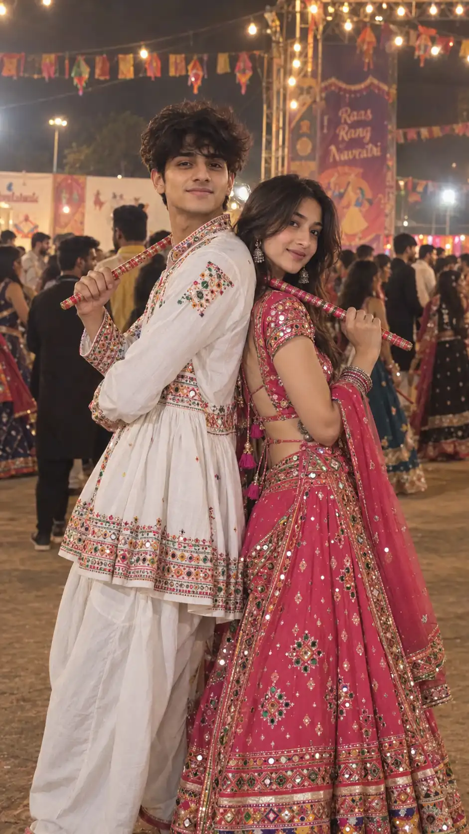 Example result for Back-to-Back Dandiya Couple AI Prompt – Realistic Photography AI image prompt