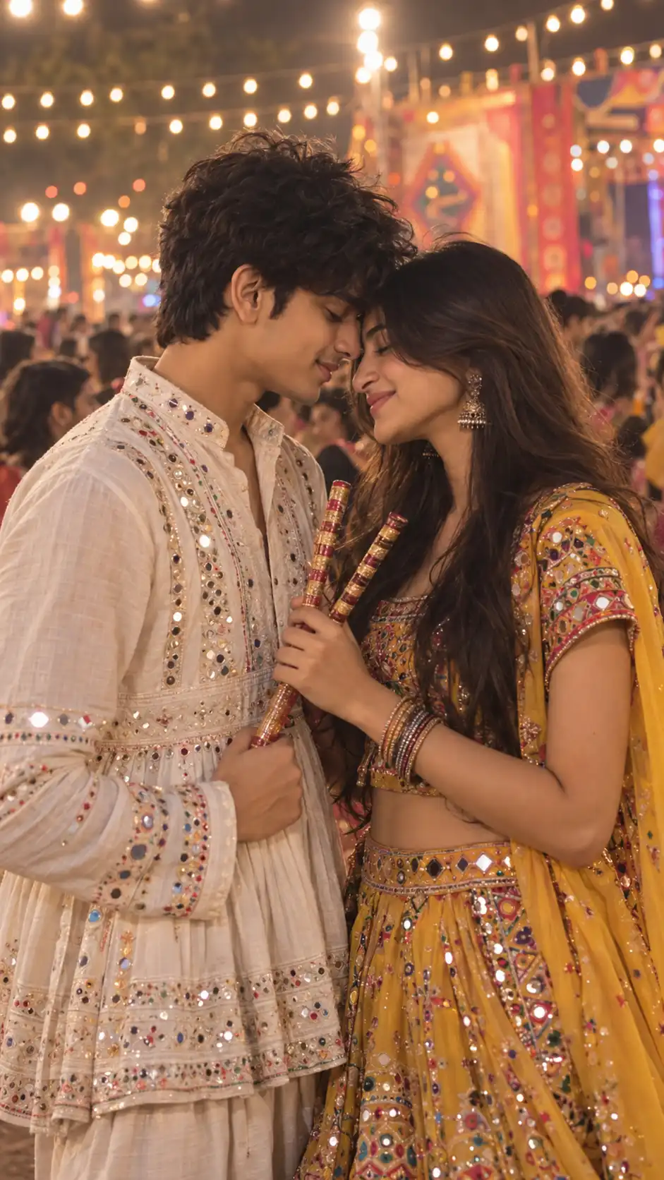 Example result for Romantic Forehead Touch Dandiya Couple AI Prompt AI image prompt