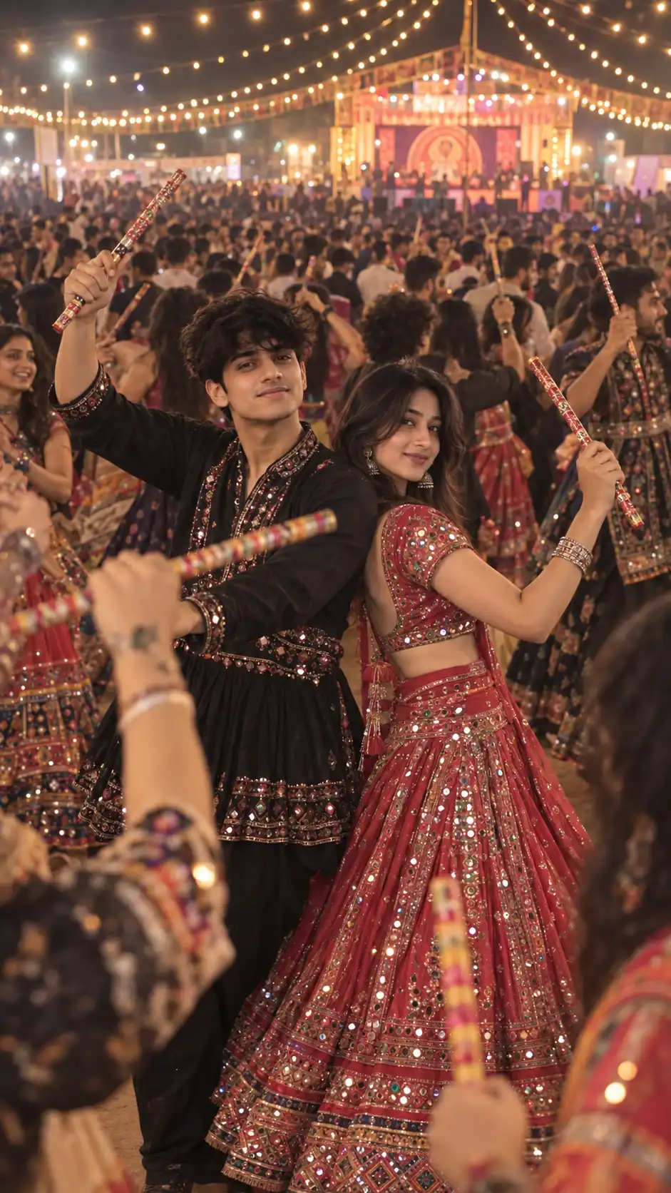 Example result for Dandiya Couple Center of Crowd AI Prompt – Real Event Photography AI image prompt