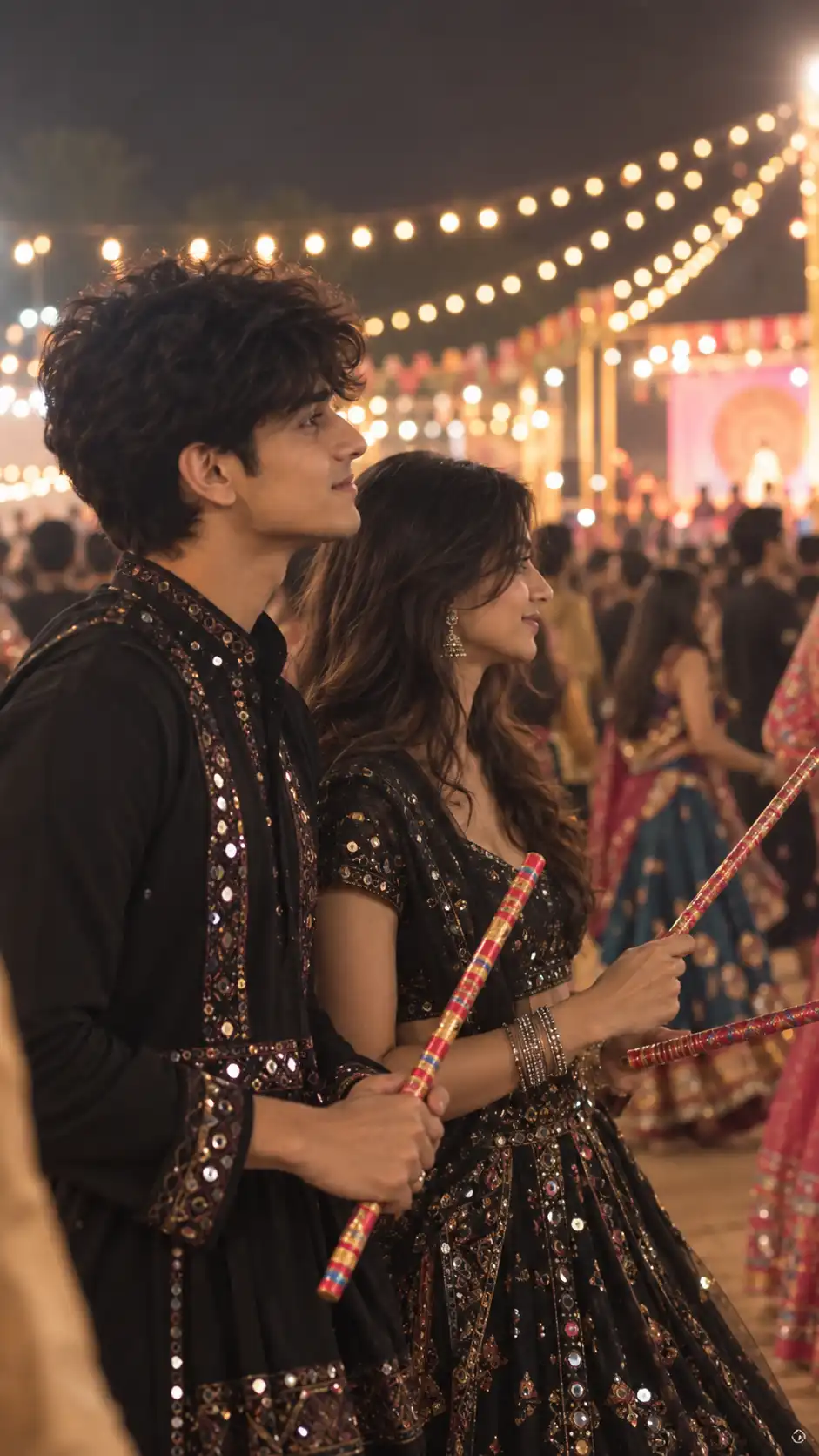 Example result for Aesthetic Dandiya Couple Half-Face AI Prompt – Side Profile AI image prompt