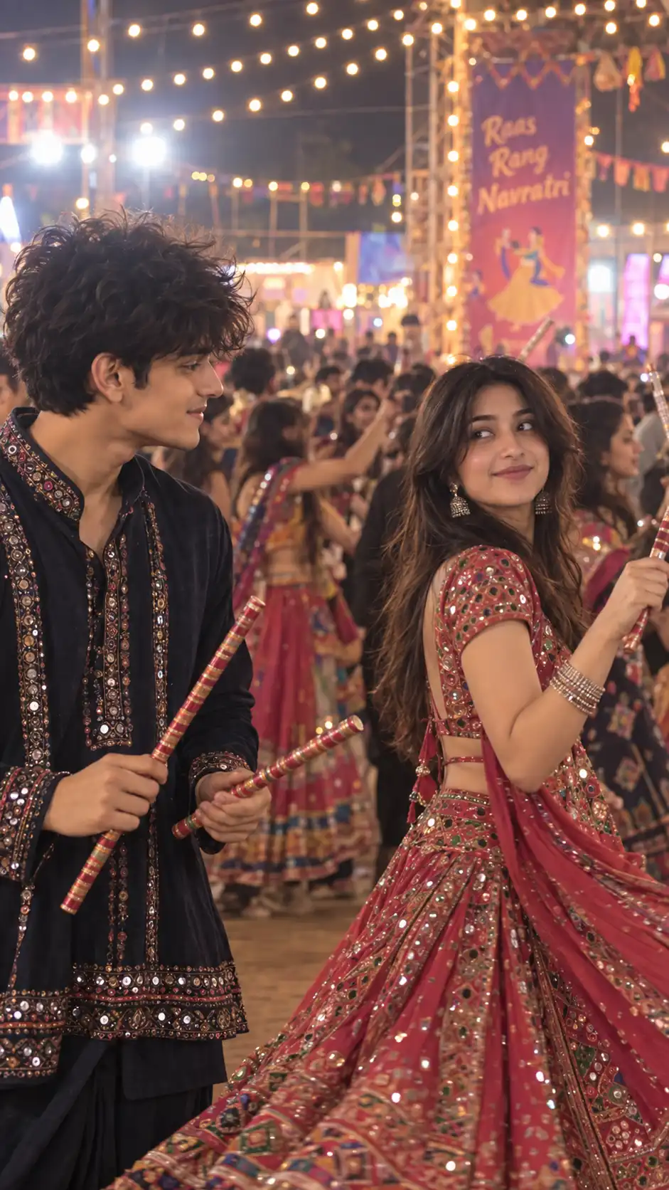Example result for Romantic Dandiya Couple AI Prompt – Boy Admiring Girl AI image prompt