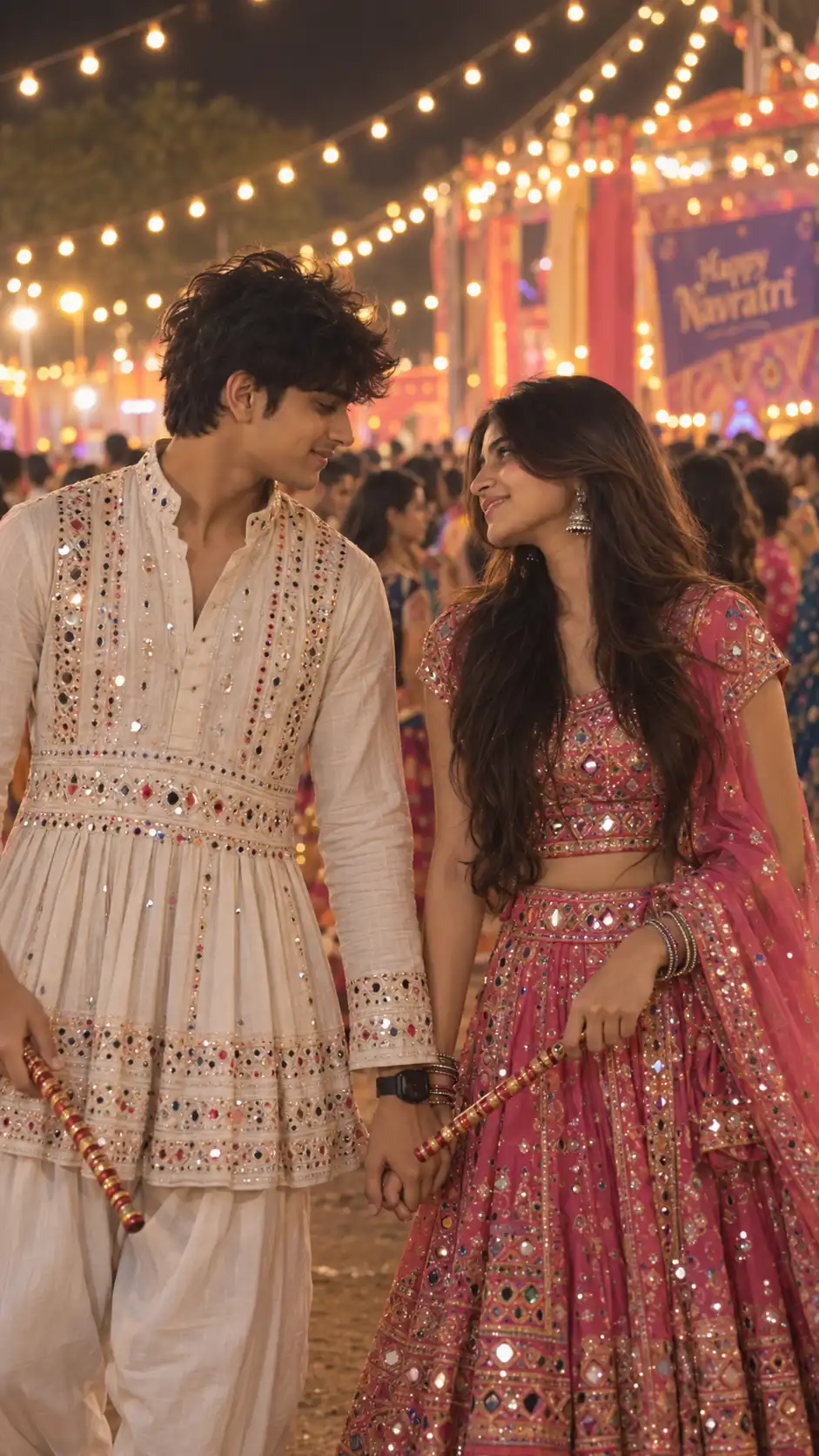 Example result for Romantic Hand-Holding Dandiya Couple AI Prompt AI image prompt