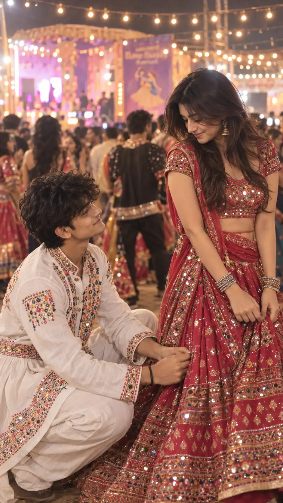 Example result for Boy Helping Girl Fix Her Lehenga – Navratri Couple AI Prompt AI image prompt