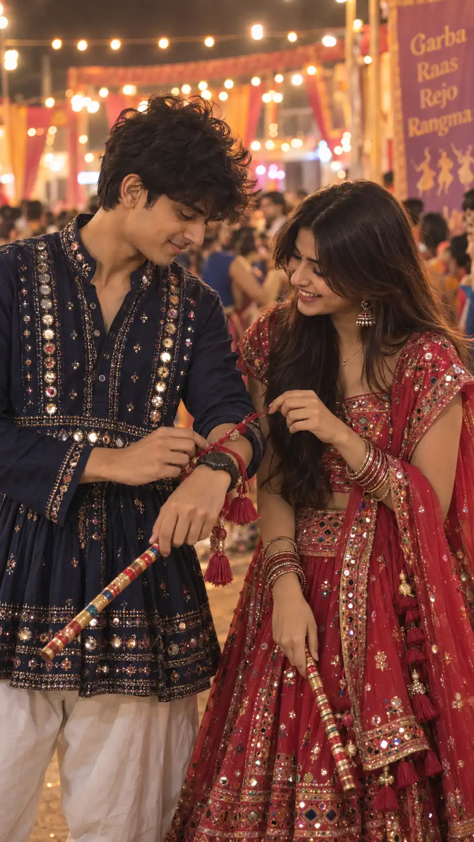 Example result for Lehenga Tassel Stuck in Boy's Watch – Candid Couple AI Prompt AI image prompt