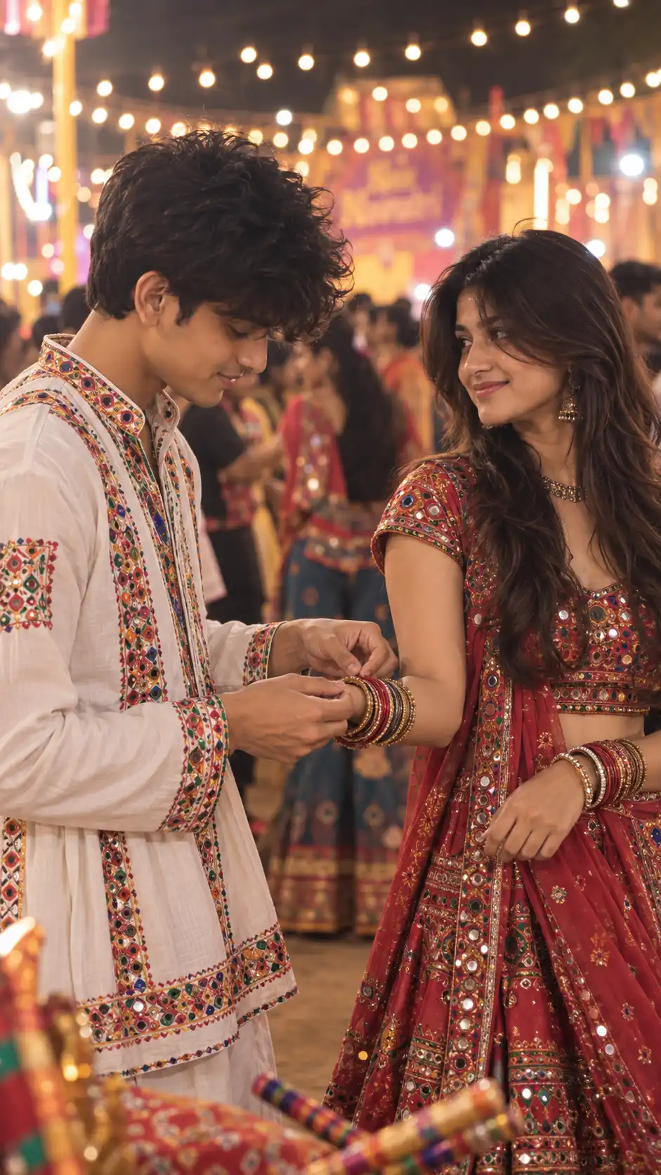 Example result for Romantic Boy Helping Girl With Bangle – Dandiya Couple AI Prompt AI image prompt