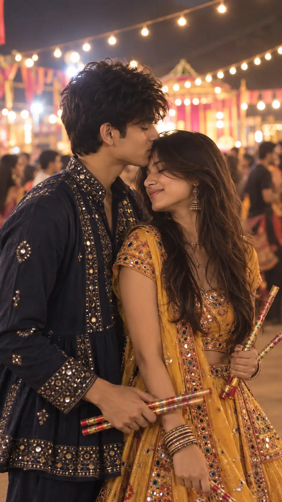 Example result for Romantic Forehead Kiss Dandiya Couple AI Prompt – Real Couple AI image prompt