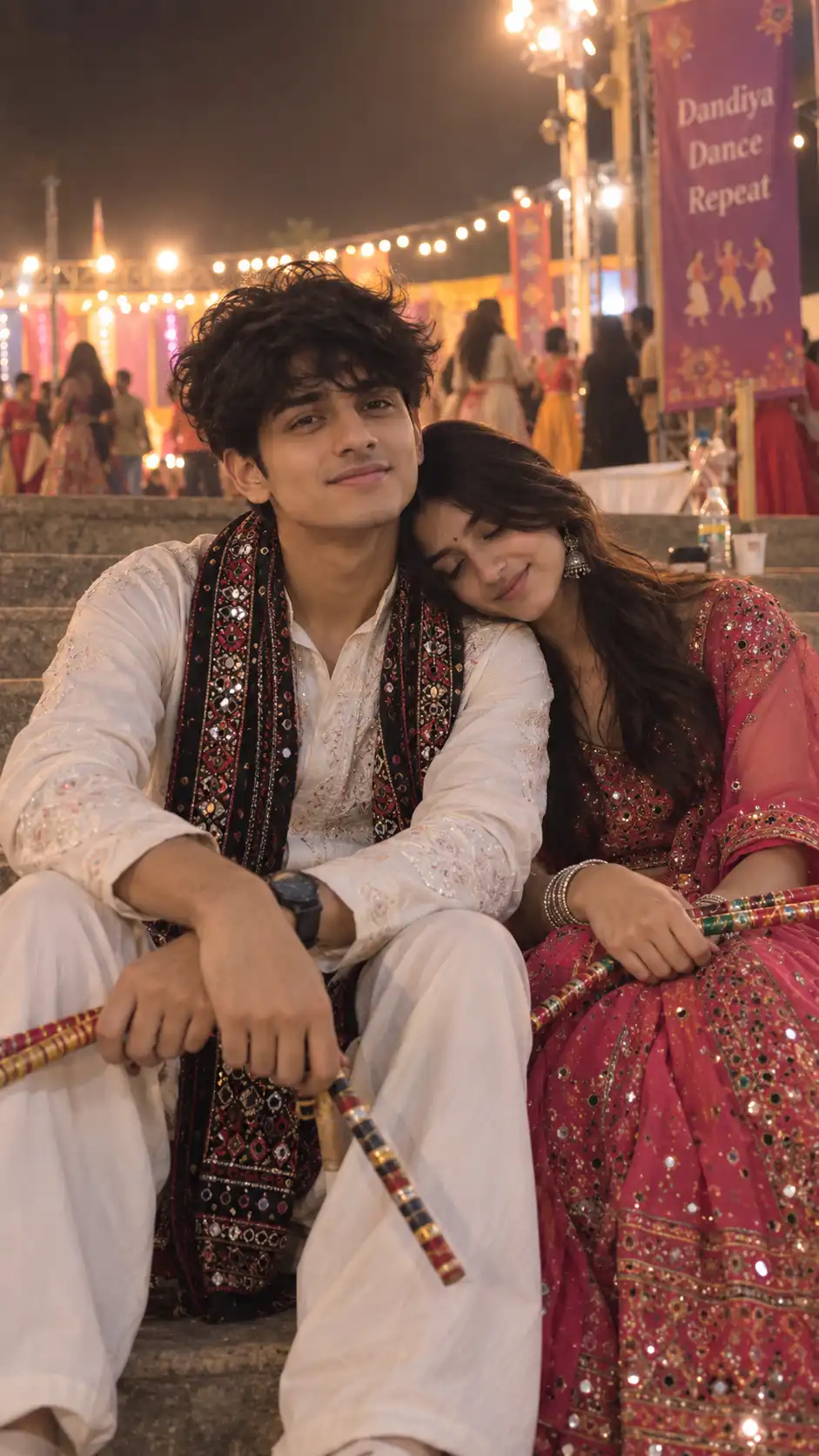 Example result for Romantic Couple Sitting After Garba – Tired but Happy AI Prompt AI image prompt