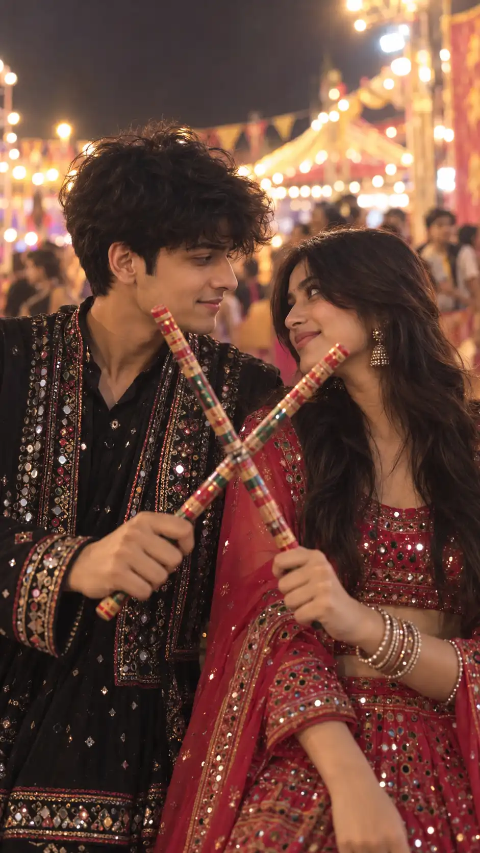 Example result for Romantic Eye Contact Through Dandiya Sticks AI Prompt AI image prompt