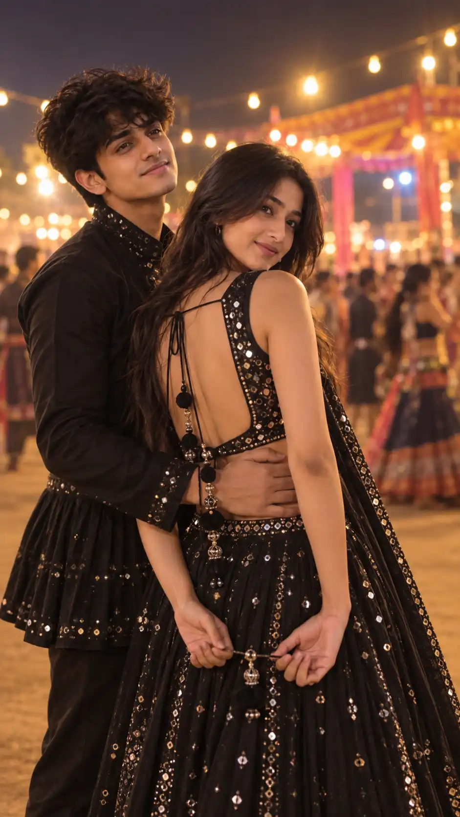Example result for Backless Navratri Couple AI Prompt – Romantic Waist Hold AI image prompt