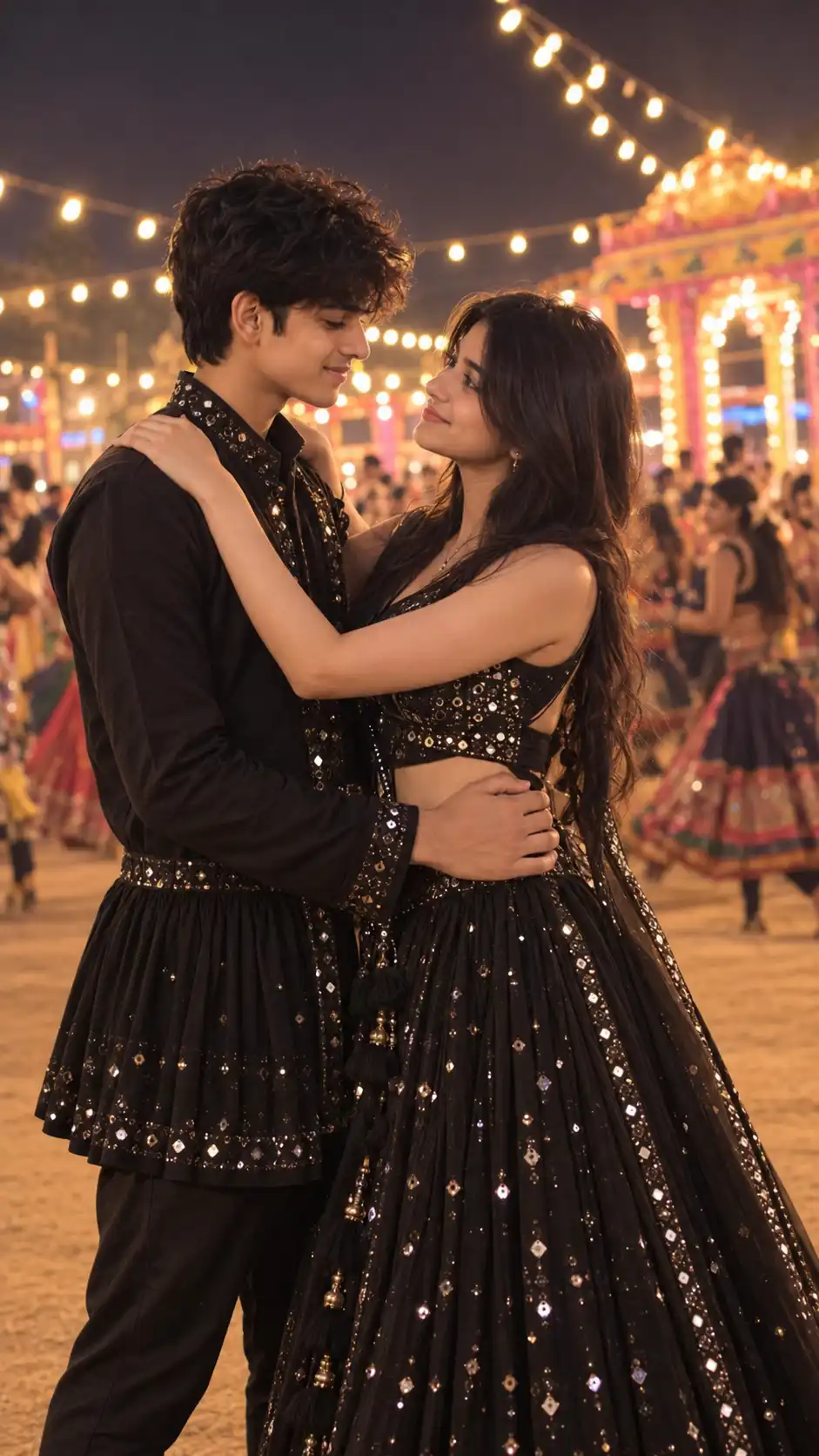 Example result for Romantic Waist Hold Navratri Couple AI Prompt – Glam Black Look AI image prompt