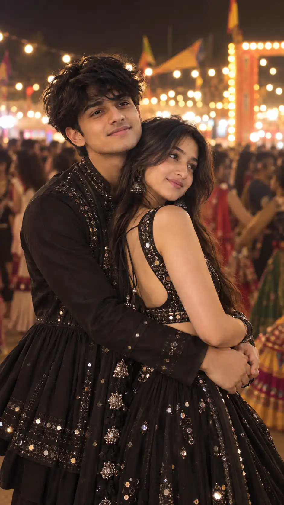 Example result for Romantic Boy Hugging Girl From Behind – Navratri Couple AI Prompt AI image prompt