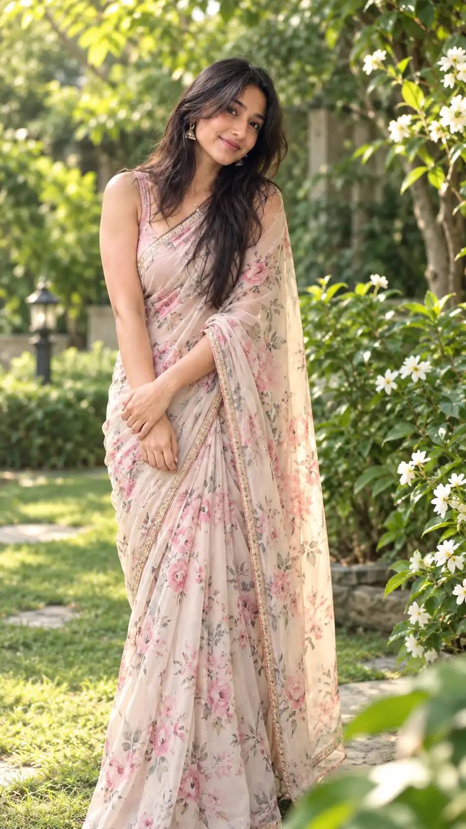 Example result for Saree Aesthetic Girls Prompt 2026 - Garden Pastel Floral | Indian AI image prompt