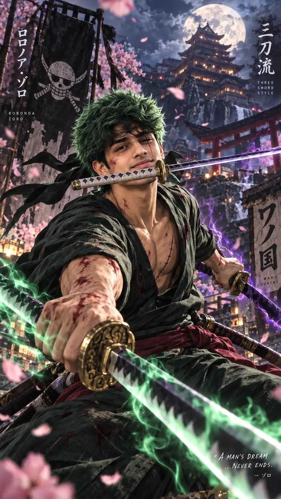 Example result for Zoro Prompt 2026 - One Piece Roronoa Zoro Realistic | Viral Swordsman AI image prompt