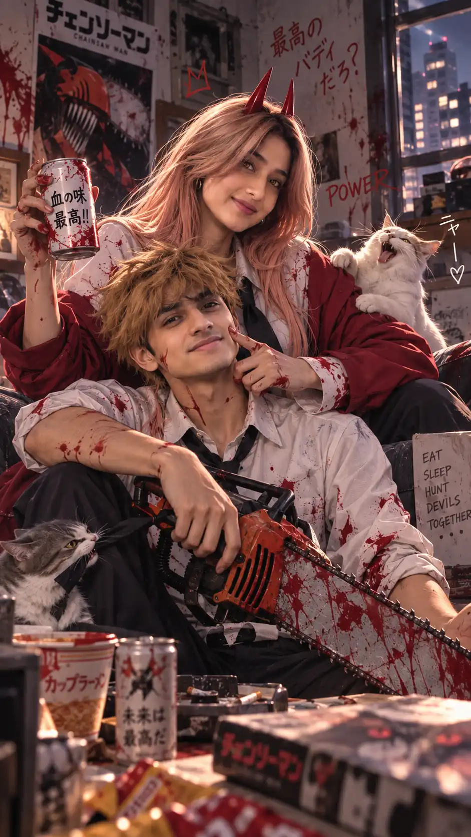 Example result for Chainsaw Man Couple Prompt 2026 - Denji x Power Realistic | Viral Chaotic AI image prompt