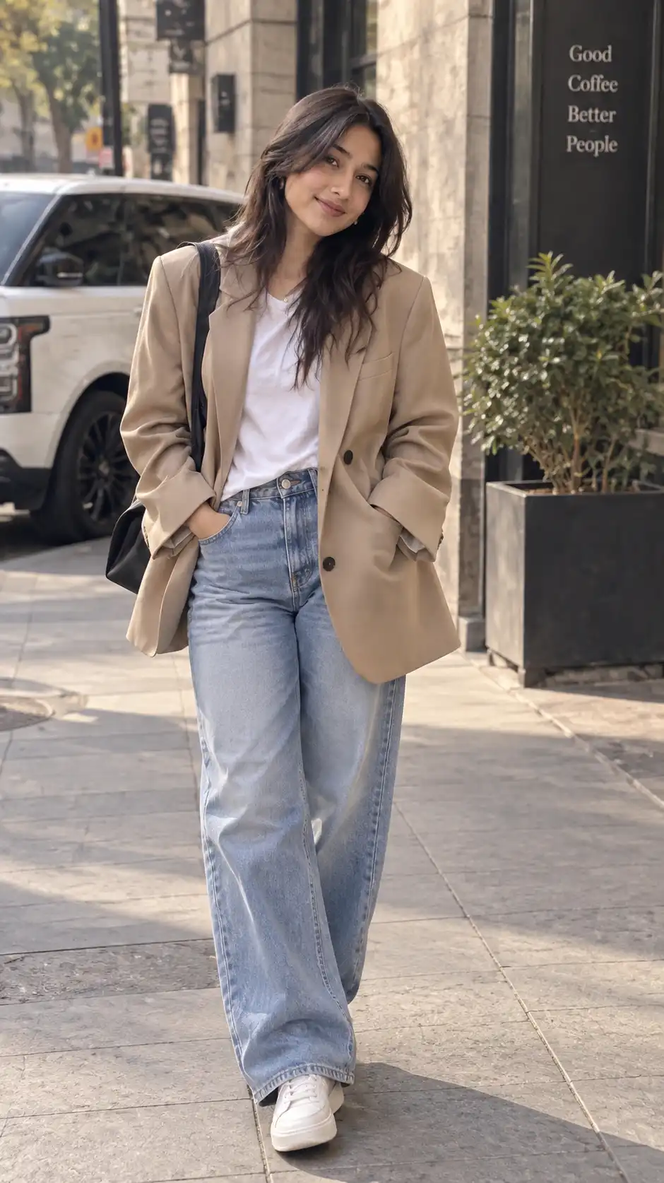 Example result for Oversized Blazer Outfit Prompt 2026 - Casual Oversized Blazer + Jeans Street Style AI image prompt