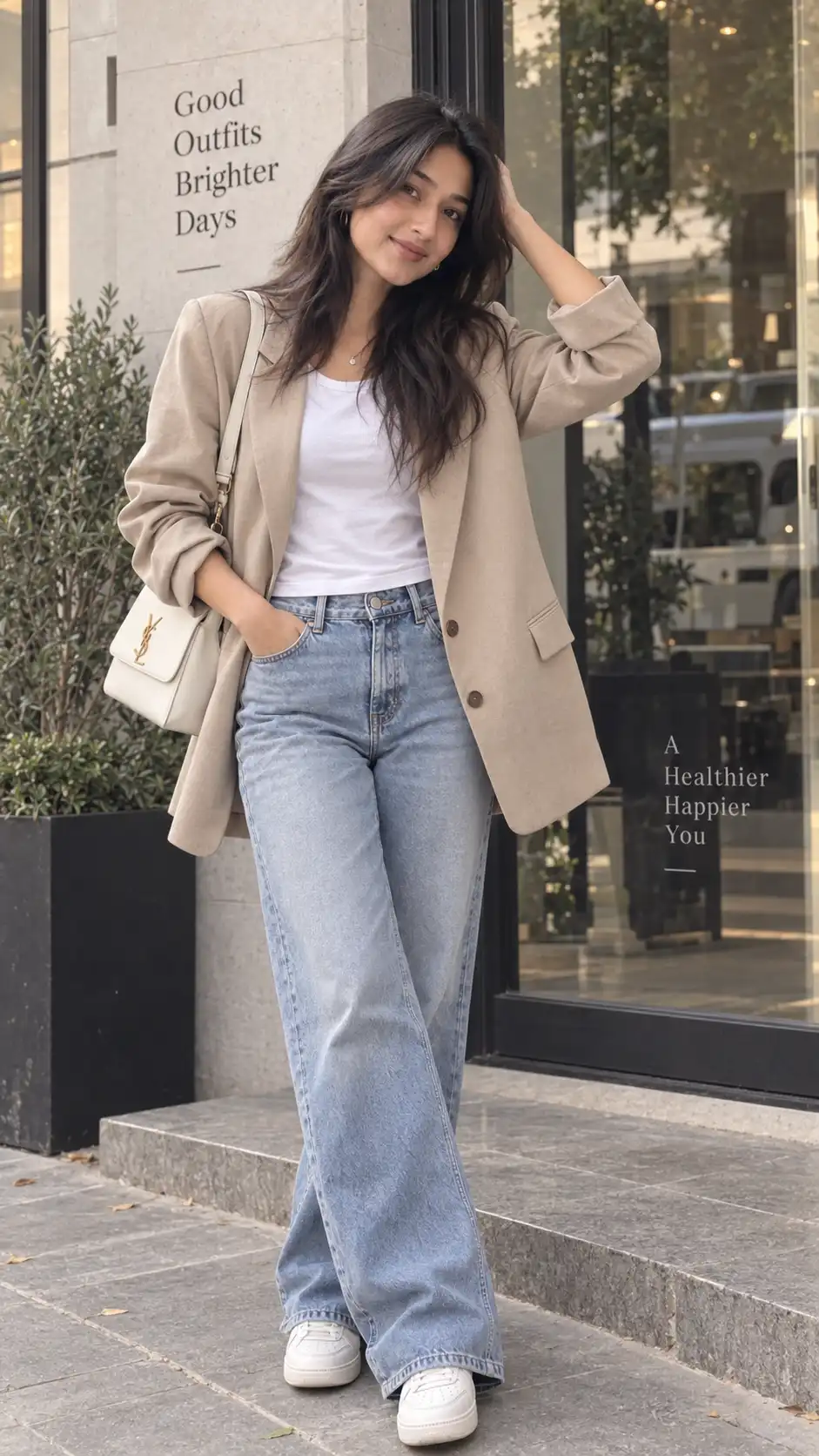 Example result for Blazer and Jeans Outfit Prompt 2026 - Classic Beige Blazer + Blue Jeans | 50+ Looks AI image prompt