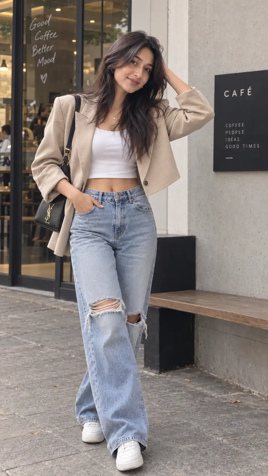 Example result for Cropped Blazer Outfit Prompt 2026 - Trendy Cropped Blazer + High Waist Jeans AI image prompt