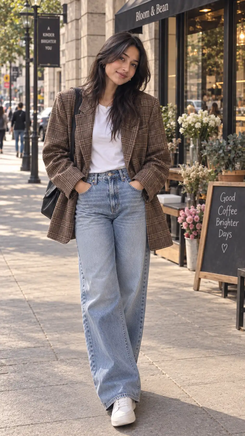 Example result for Plaid Blazer Outfit Prompt 2026 - Vintage Plaid Blazer + Jeans Classic AI image prompt