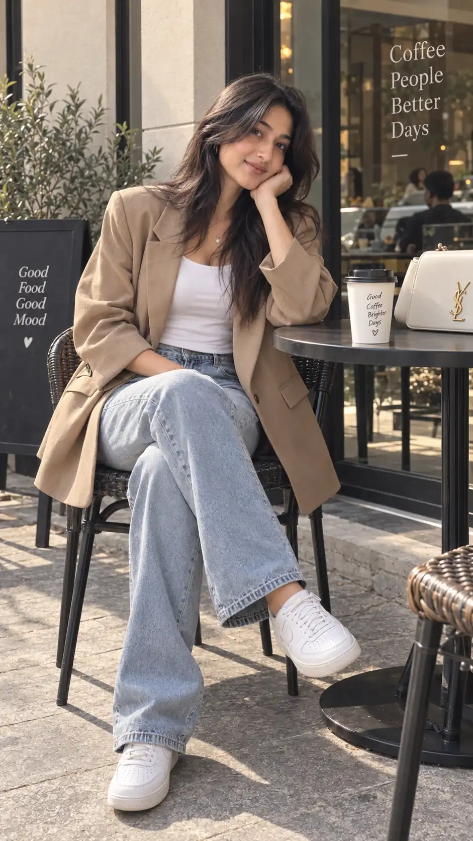 Example result for Tan Blazer Outfits Women Prompt 2026 - Tan Blazer + Jeans Aesthetic | Pinterest Viral AI image prompt