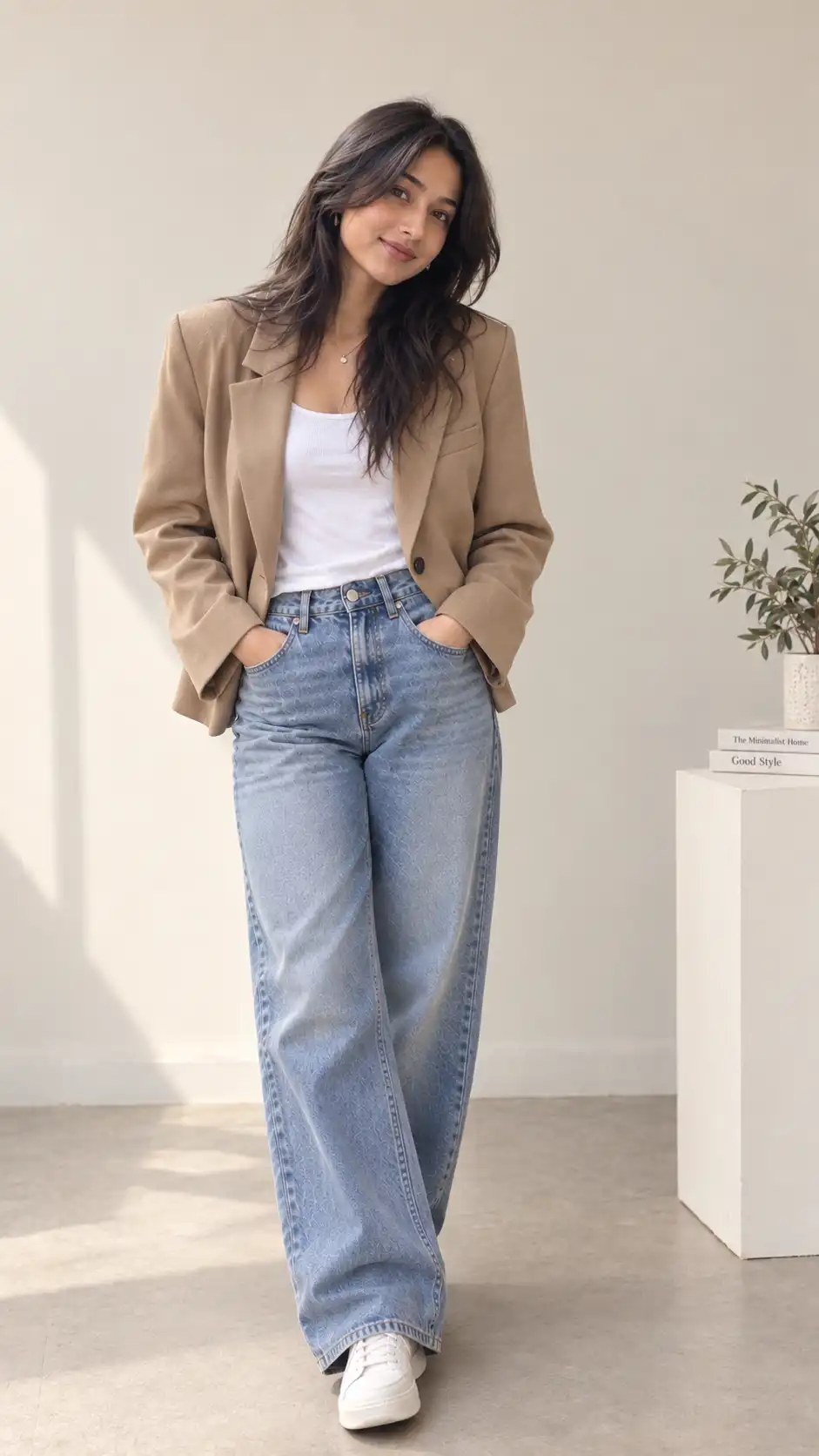 Example result for Tan Blazer Outfit Prompt 2026 - Minimal Tan Blazer + White Top Casual AI image prompt