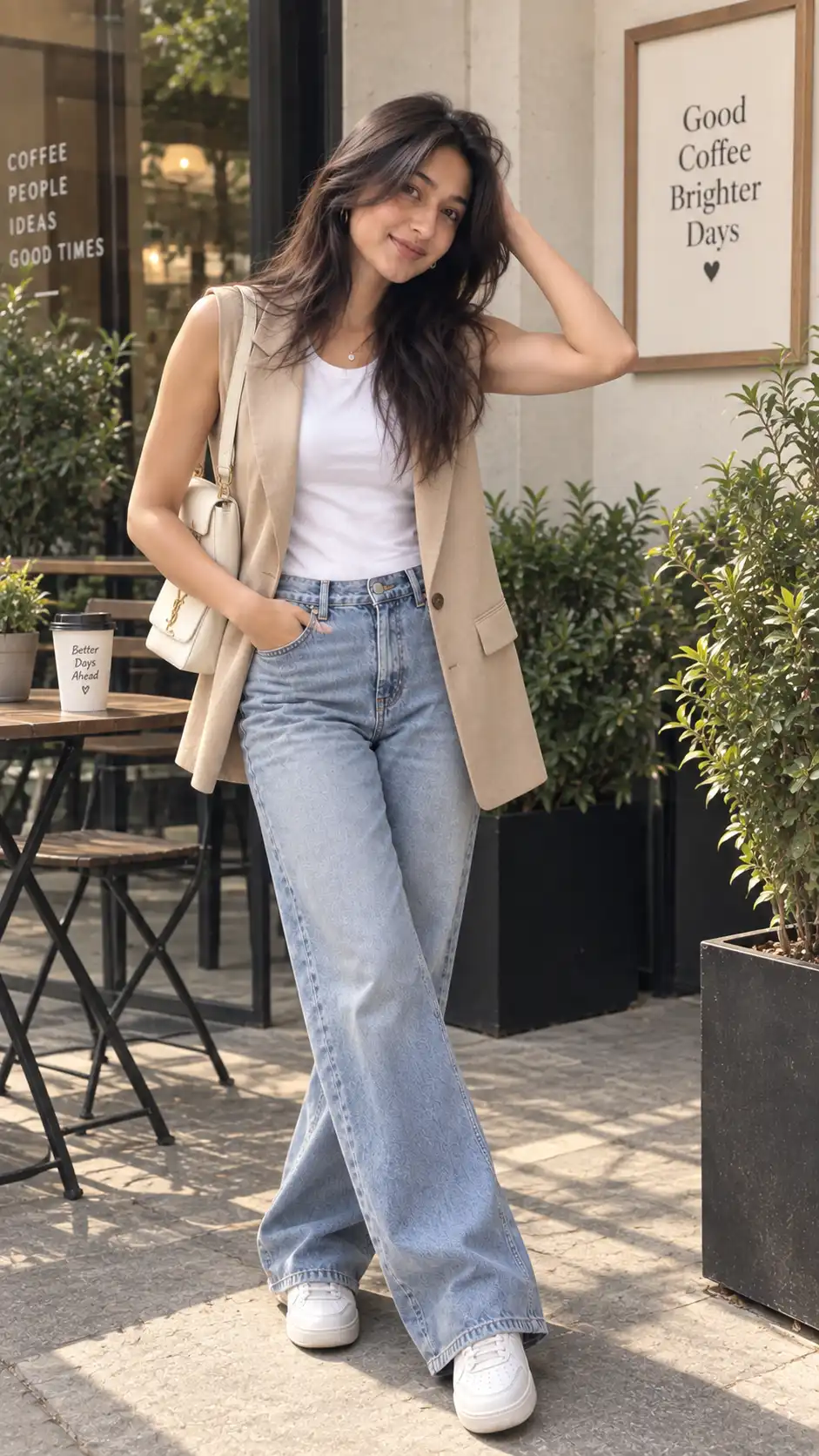 Example result for Sleeveless Blazer Outfit Prompt 2026 - Summer Sleeveless Blazer + Jeans AI image prompt