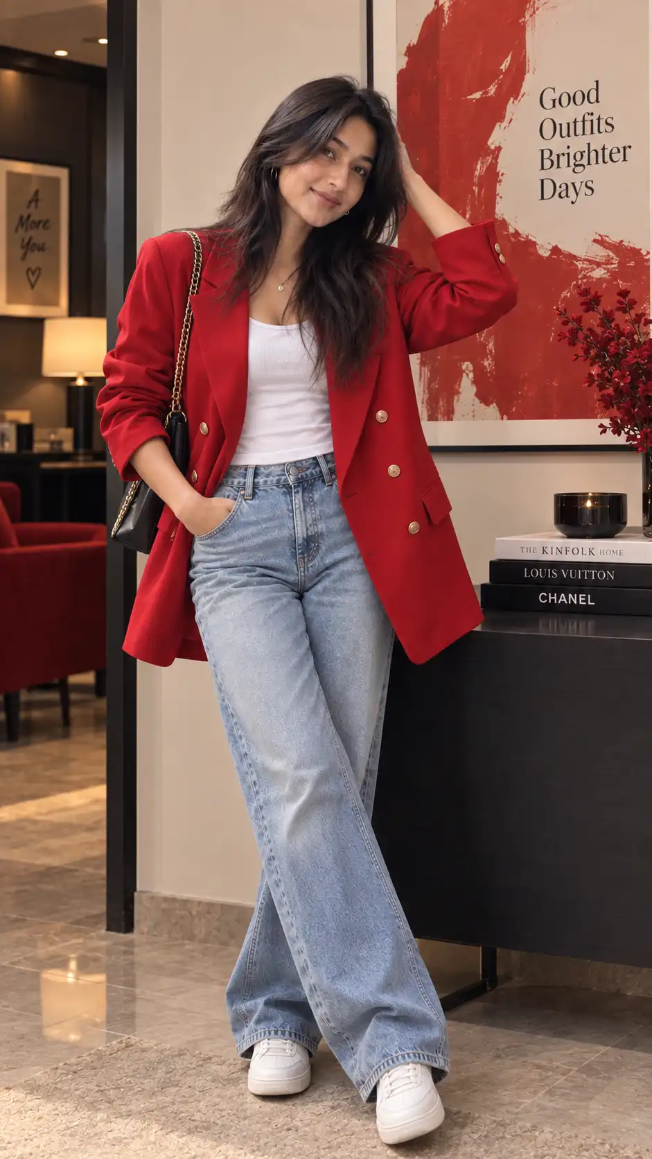 Example result for Red Blazer Outfit Prompt 2026 - Bold Red Blazer + Jeans | Statement Look AI image prompt