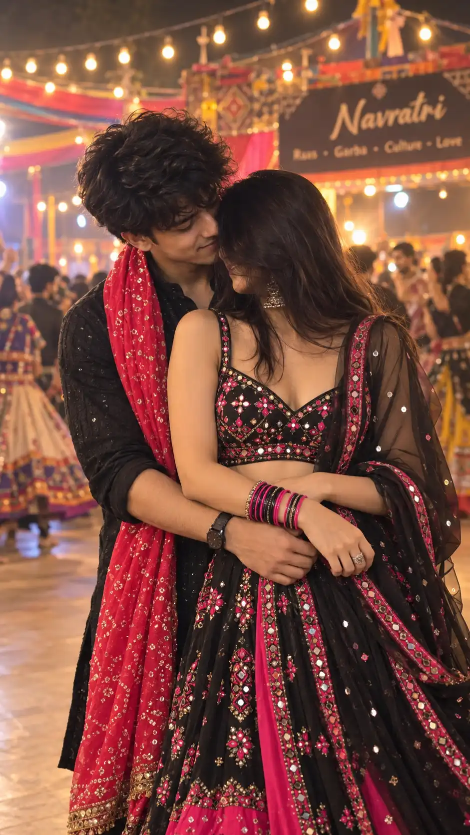 Example result for Navratri Couple Back Hug AI Photo Prompt 2026 - Faceless Garba Night | Viral Gemini Nano Banana Prompt AI image prompt