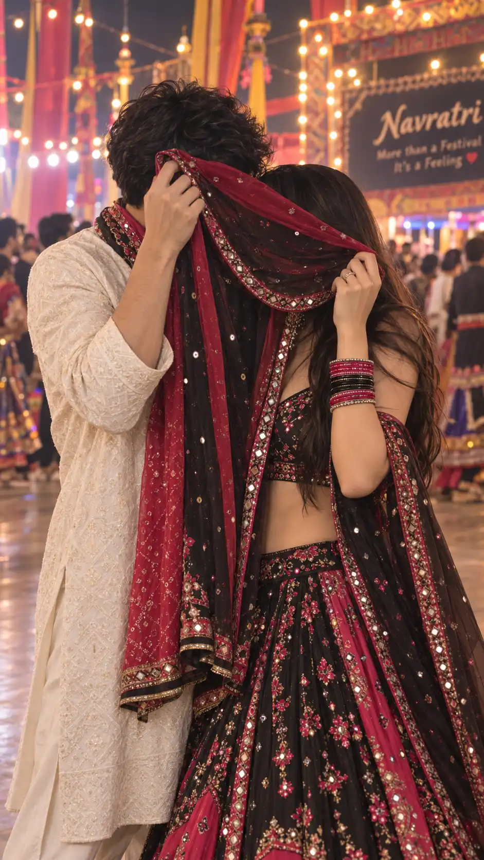 Example result for Navratri Couple Dupatta Face Hidden Prompt 2026 - Aesthetic Soft Launch | Viral Couple AI Photo AI image prompt
