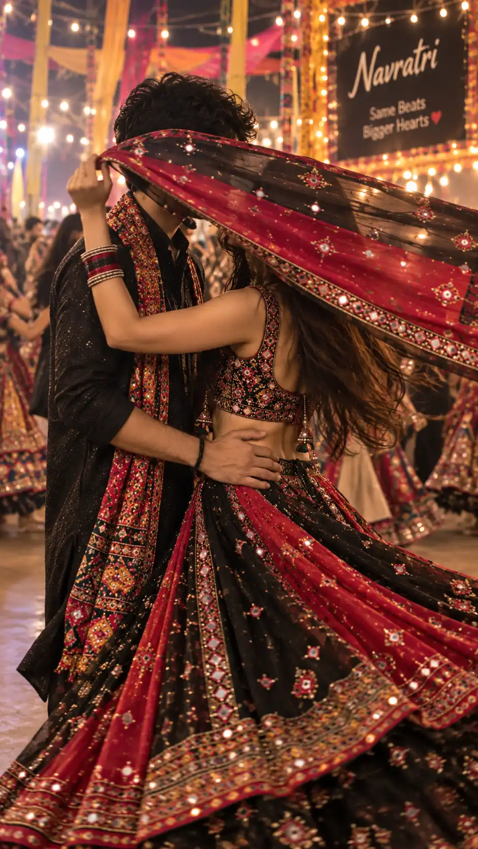 Example result for Navratri Twirling Dupatta Couple Prompt 2026 - Dynamic Garba Pose | Faceless Couple AI Photo Viral AI image prompt