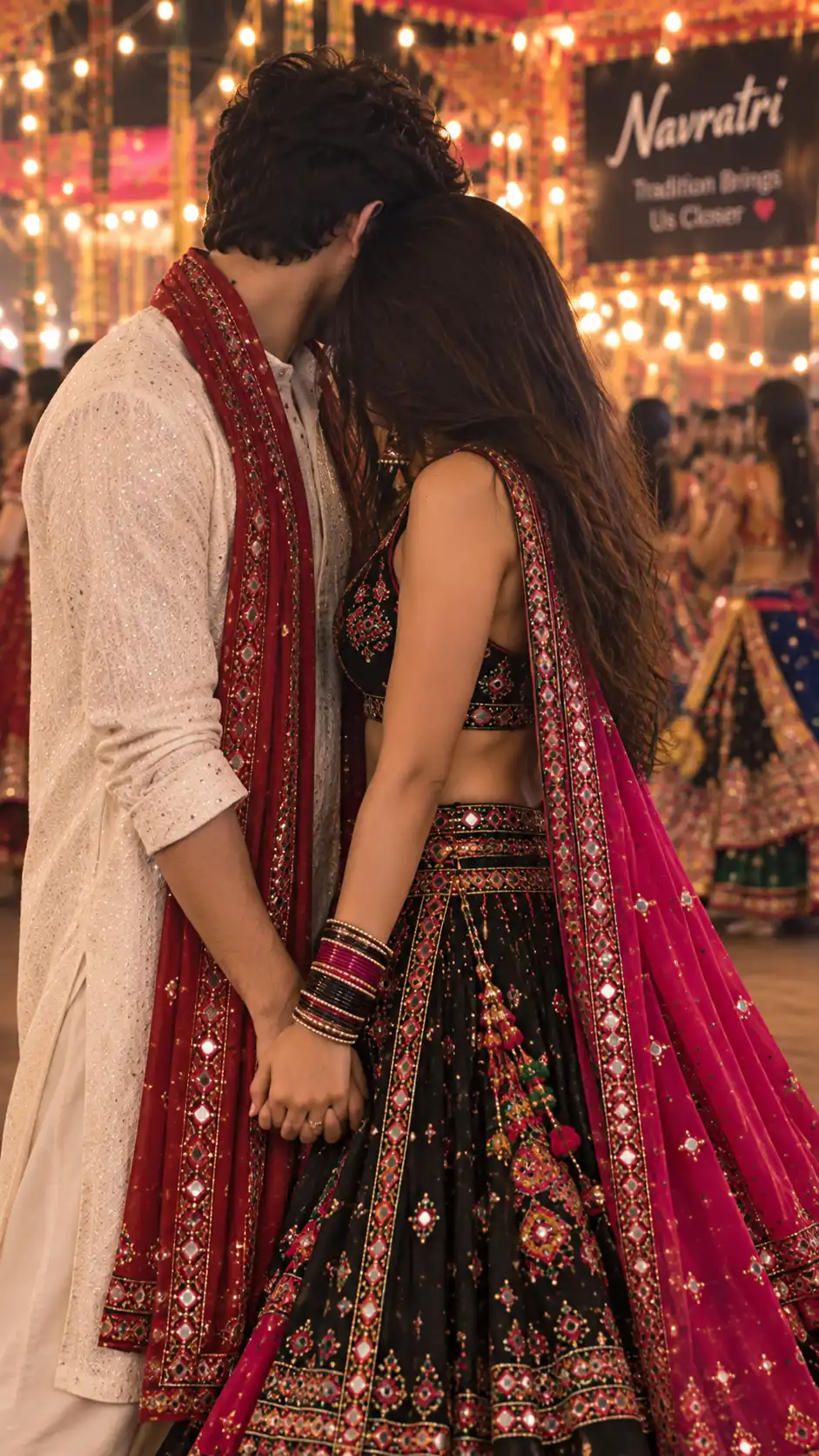 Example result for Navratri Forehead Touch Couple Prompt 2026 - Intimate Faceless Aesthetic | Soft Launch Garba Photo AI image prompt
