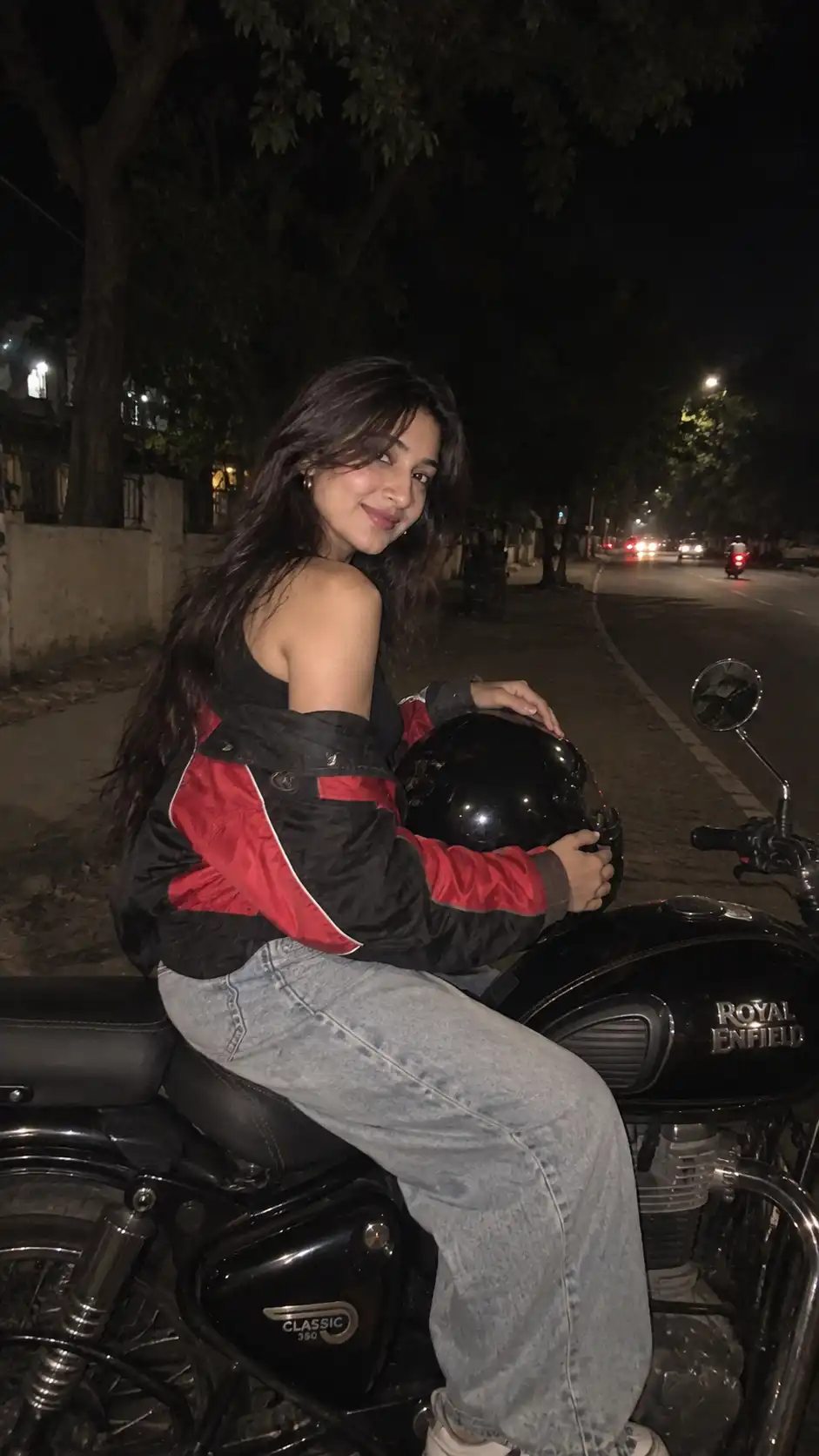 Example result for Royal Enfield Night Girl Photo AI image prompt