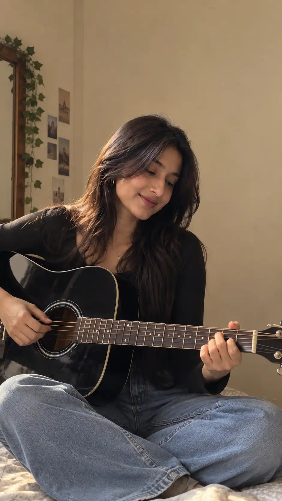 Example result for Girl Playing Guitar Portrait AI image prompt