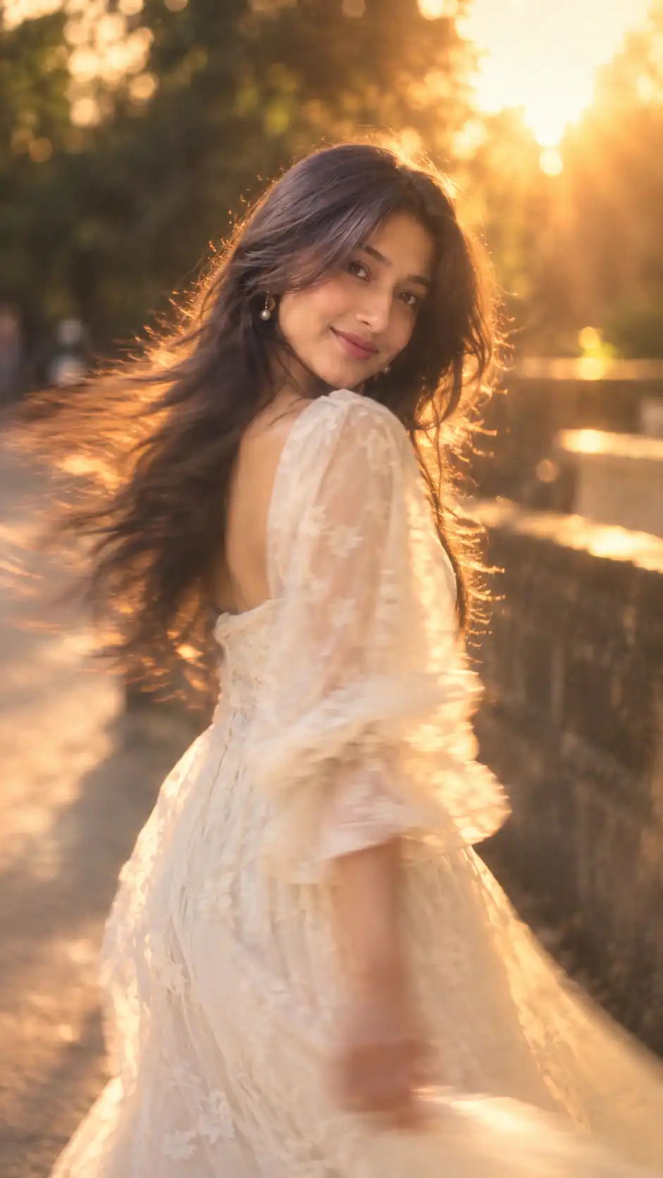 Example result for Golden Hour Over-Shoulder Motion Blur Portrait AI image prompt