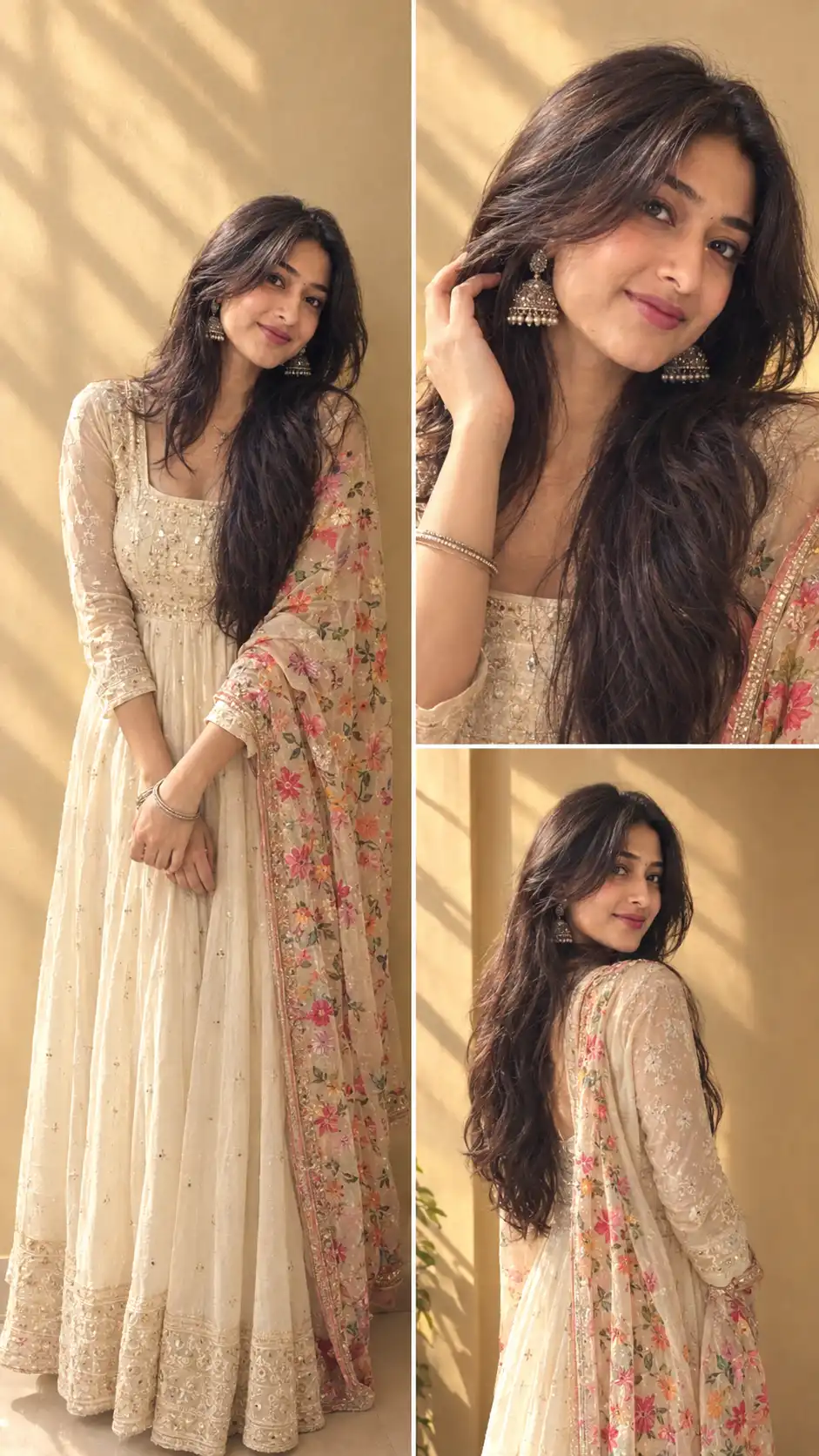 Example result for Ivory Anarkali Floral Dupatta Portrait AI image prompt