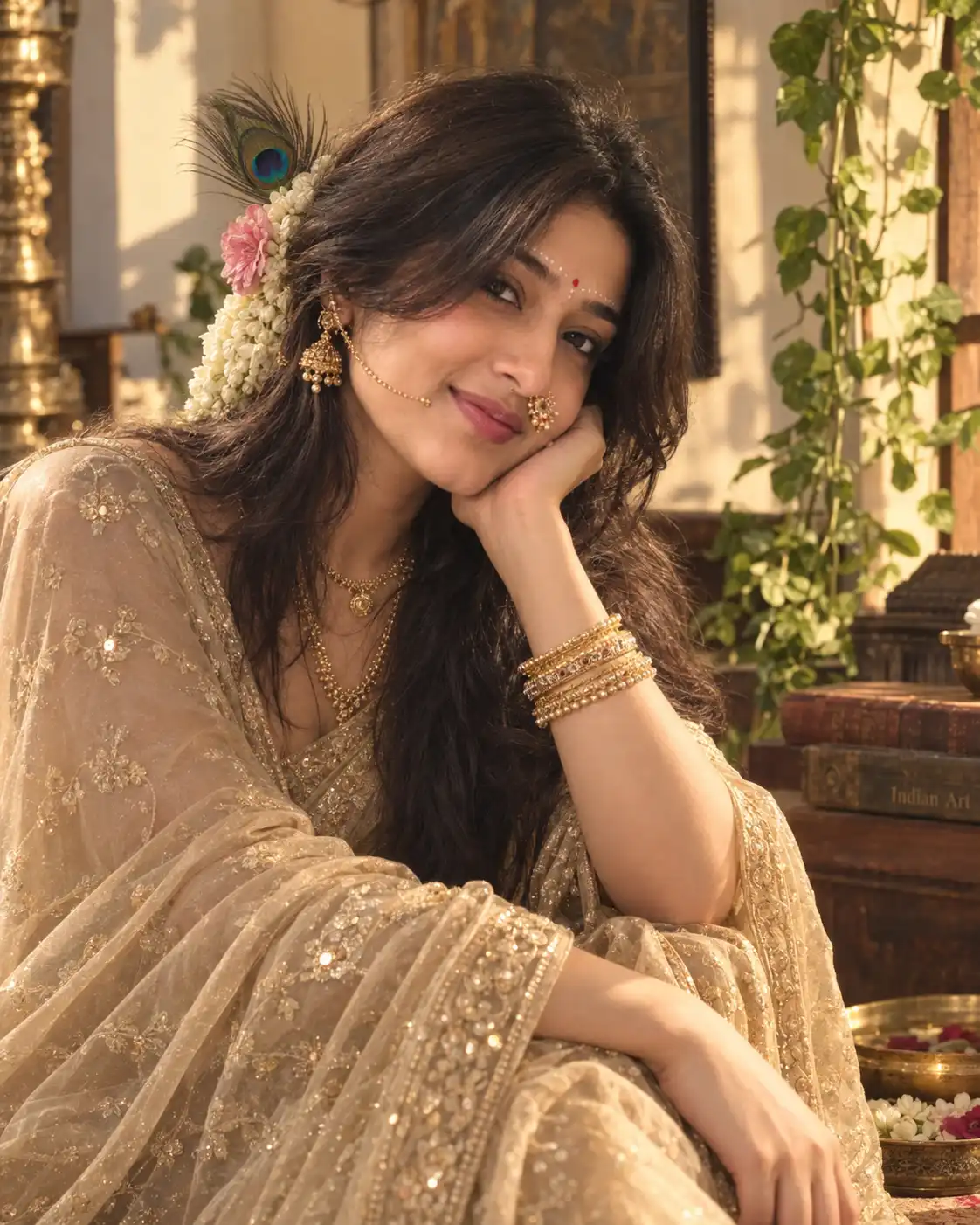 Example result for Elegant Indian Traditional Beauty Portrait AI image prompt