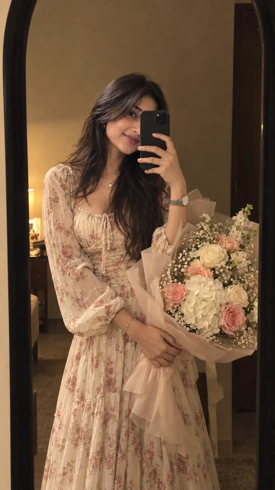 Example result for Cream Floral Dress Mirror Selfie With Bouquet AI image prompt