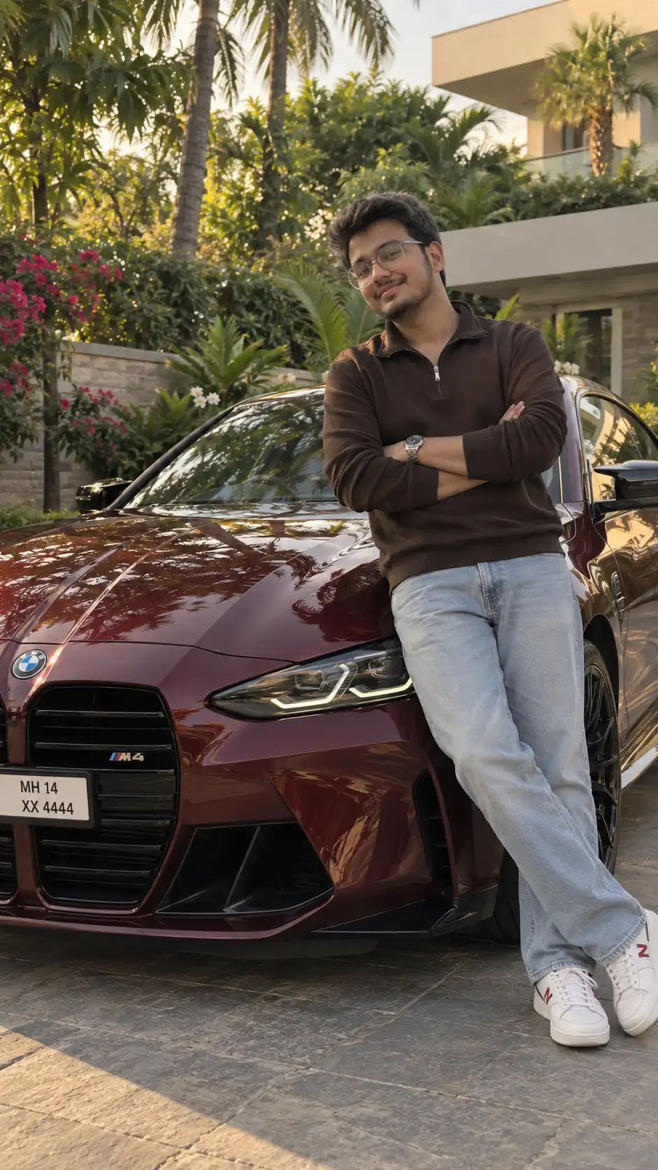 Example result for Burgundy BMW M4 Luxury Street Portrait AI image prompt