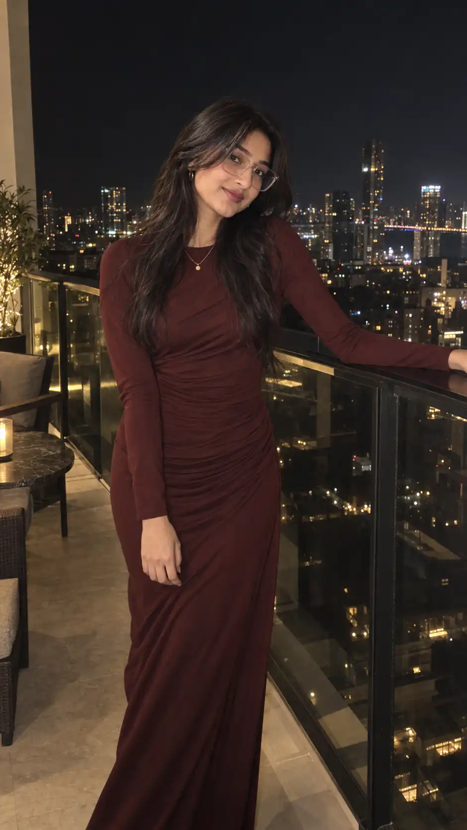 Example result for Burgundy Dress Rooftop Night Fashion Portrait AI image prompt