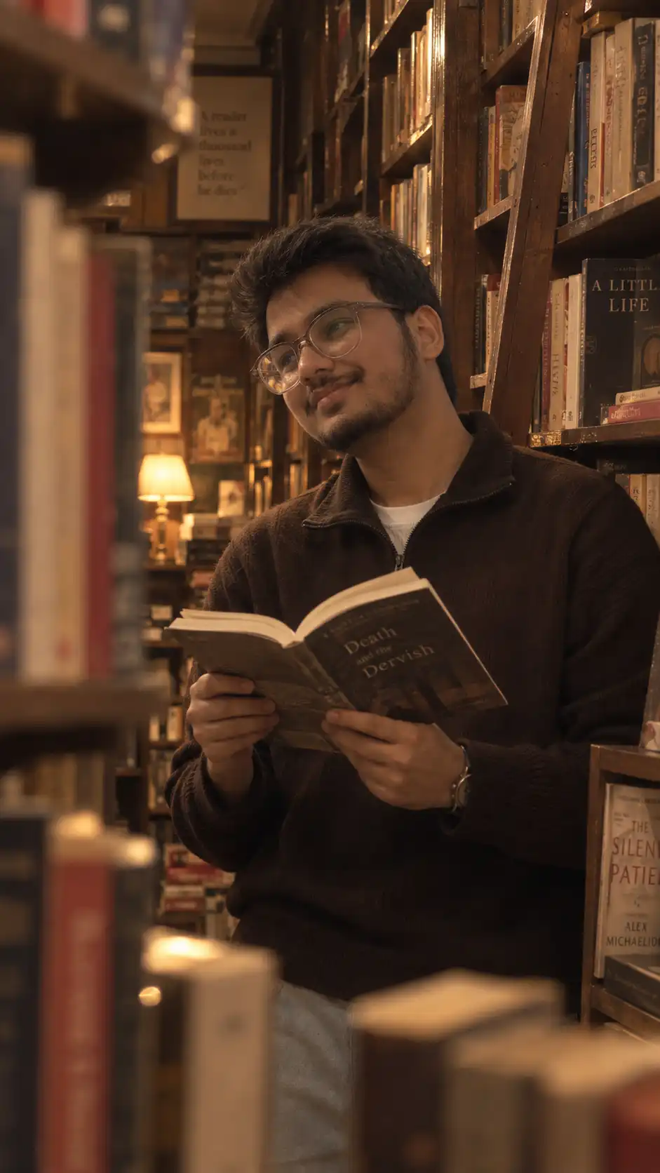 Example result for Cozy Old Library Reading Portrait AI image prompt