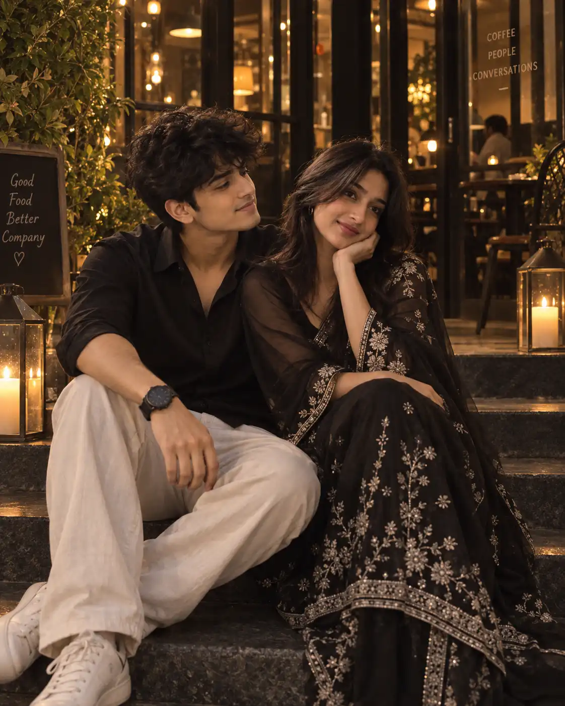 Example result for Romantic Café Steps Couple Photo AI image prompt