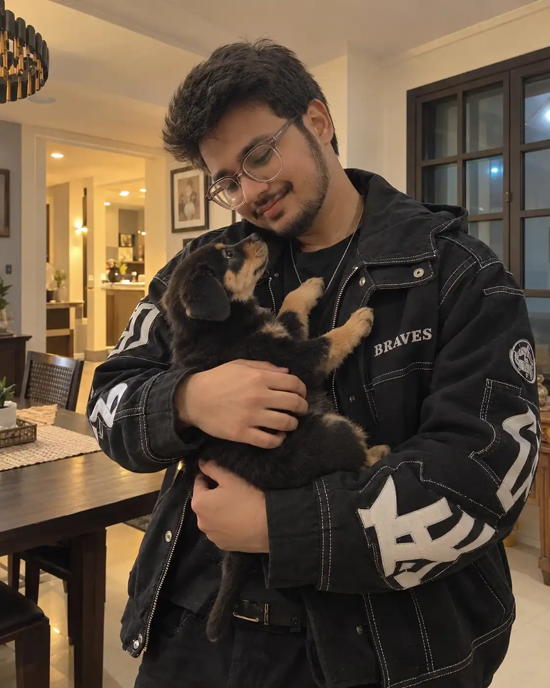 Example result for Candid Black Jacket Puppy Portrait AI image prompt